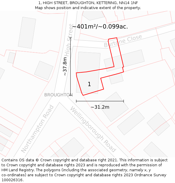 1, HIGH STREET, BROUGHTON, KETTERING, NN14 1NF: Plot and title map