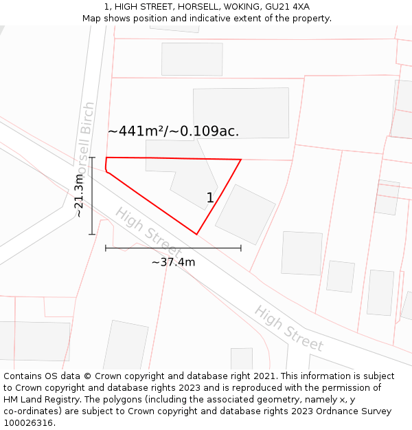 1, HIGH STREET, HORSELL, WOKING, GU21 4XA: Plot and title map