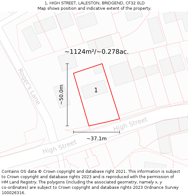 1, HIGH STREET, LALESTON, BRIDGEND, CF32 0LD: Plot and title map