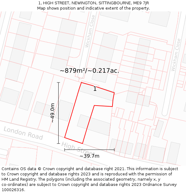 1, HIGH STREET, NEWINGTON, SITTINGBOURNE, ME9 7JR: Plot and title map