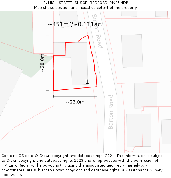 1, HIGH STREET, SILSOE, BEDFORD, MK45 4DR: Plot and title map