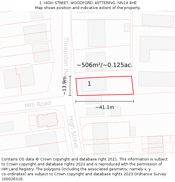 1, HIGH STREET, WOODFORD, KETTERING, NN14 4HE: Plot and title map