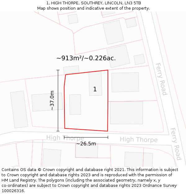 1, HIGH THORPE, SOUTHREY, LINCOLN, LN3 5TB: Plot and title map