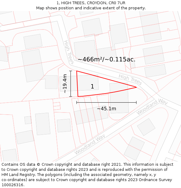 1, HIGH TREES, CROYDON, CR0 7UR: Plot and title map