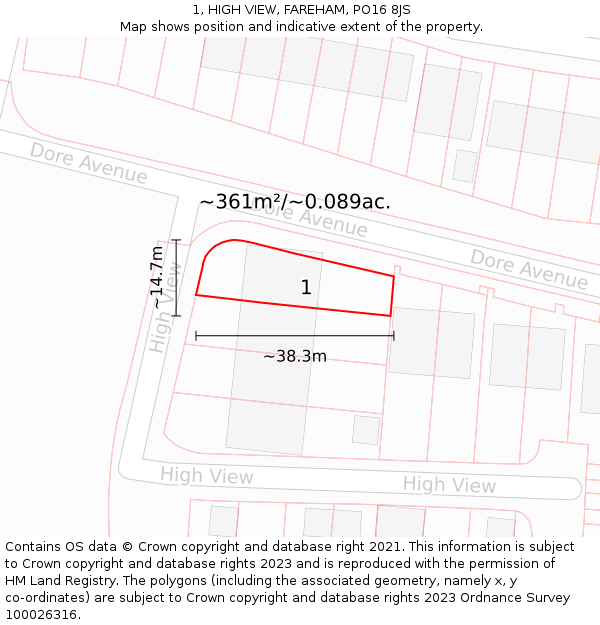 1, HIGH VIEW, FAREHAM, PO16 8JS: Plot and title map