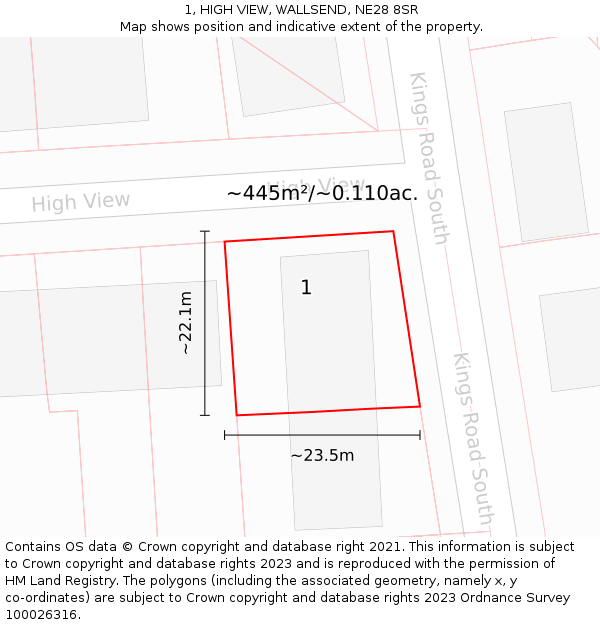 1, HIGH VIEW, WALLSEND, NE28 8SR: Plot and title map