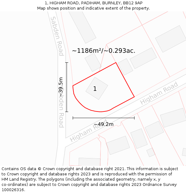1, HIGHAM ROAD, PADIHAM, BURNLEY, BB12 9AP: Plot and title map