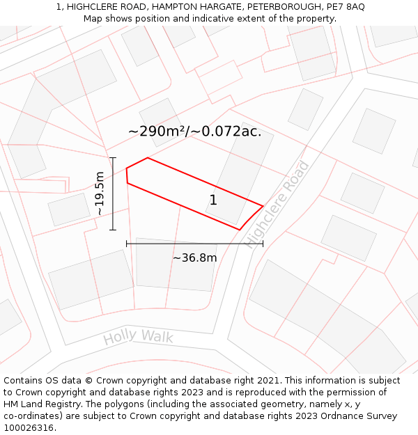 1, HIGHCLERE ROAD, HAMPTON HARGATE, PETERBOROUGH, PE7 8AQ: Plot and title map