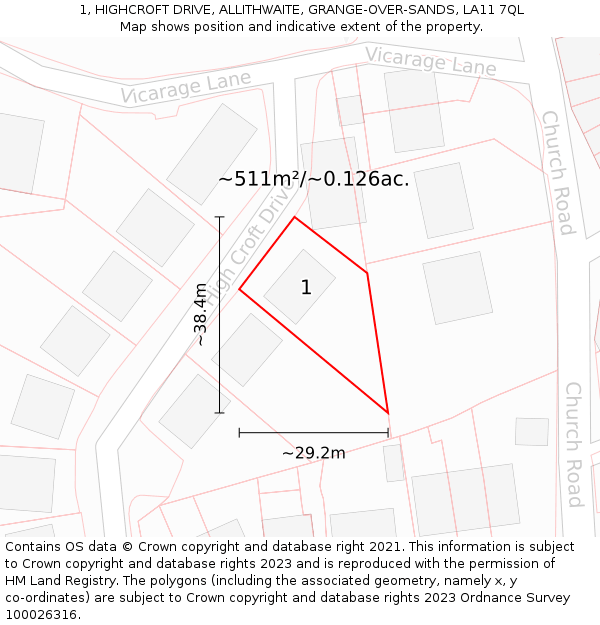 1, HIGHCROFT DRIVE, ALLITHWAITE, GRANGE-OVER-SANDS, LA11 7QL: Plot and title map