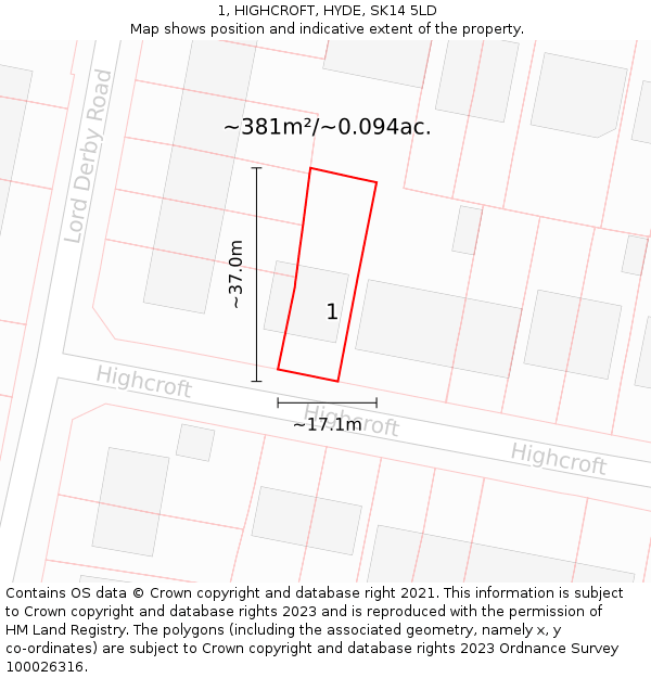 1, HIGHCROFT, HYDE, SK14 5LD: Plot and title map