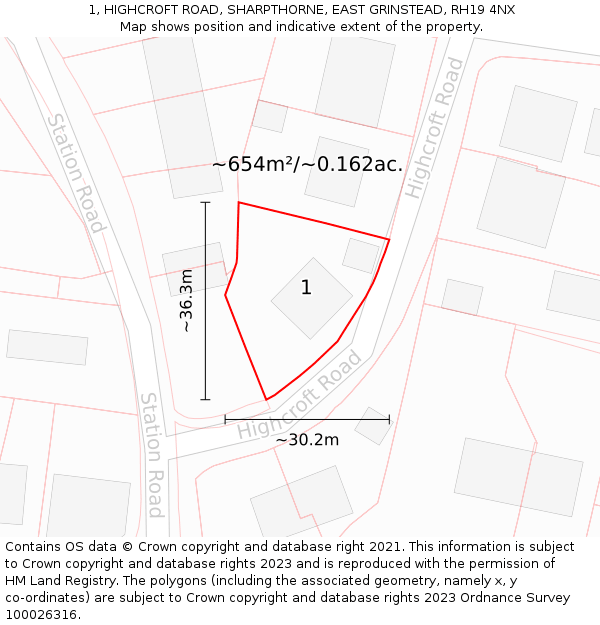 1, HIGHCROFT ROAD, SHARPTHORNE, EAST GRINSTEAD, RH19 4NX: Plot and title map