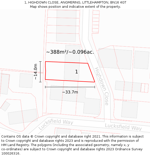 1, HIGHDOWN CLOSE, ANGMERING, LITTLEHAMPTON, BN16 4GT: Plot and title map