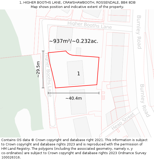 1, HIGHER BOOTHS LANE, CRAWSHAWBOOTH, ROSSENDALE, BB4 8DB: Plot and title map