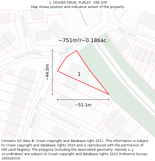 1, HIGHER DRIVE, PURLEY, CR8 2HP: Plot and title map