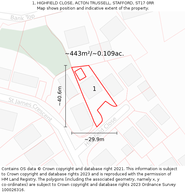 1, HIGHFIELD CLOSE, ACTON TRUSSELL, STAFFORD, ST17 0RR: Plot and title map