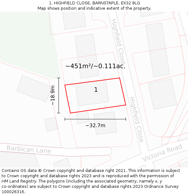1, HIGHFIELD CLOSE, BARNSTAPLE, EX32 8LG: Plot and title map