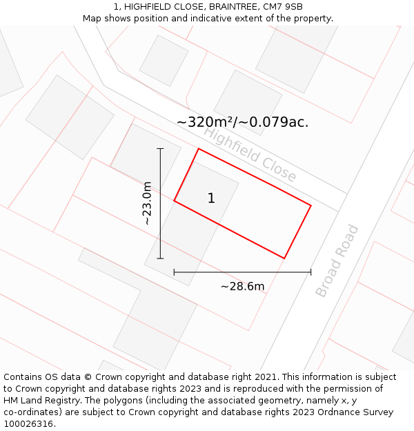 1, HIGHFIELD CLOSE, BRAINTREE, CM7 9SB: Plot and title map