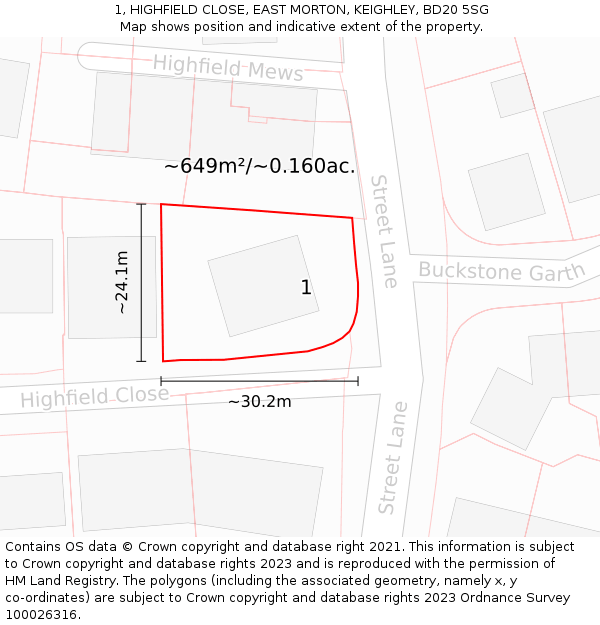 1, HIGHFIELD CLOSE, EAST MORTON, KEIGHLEY, BD20 5SG: Plot and title map