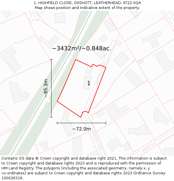1, HIGHFIELD CLOSE, OXSHOTT, LEATHERHEAD, KT22 0QA: Plot and title map