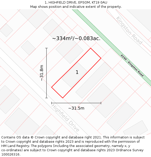 1, HIGHFIELD DRIVE, EPSOM, KT19 0AU: Plot and title map