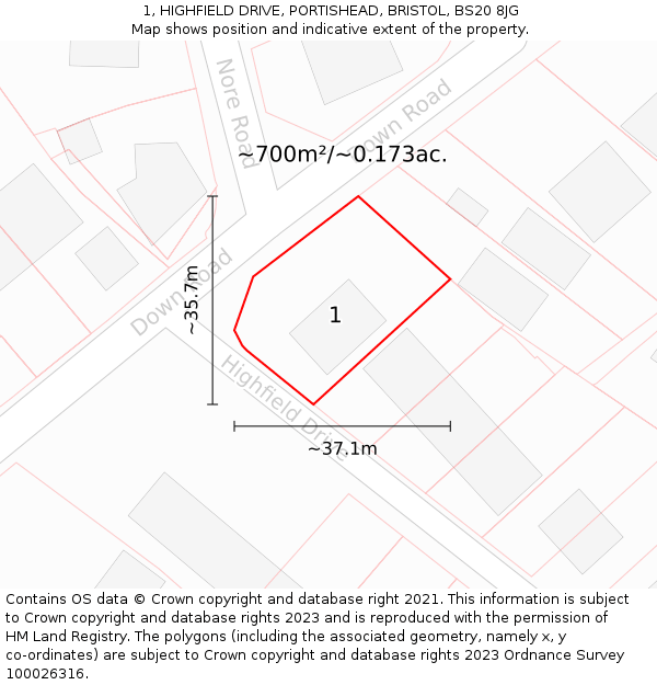 1, HIGHFIELD DRIVE, PORTISHEAD, BRISTOL, BS20 8JG: Plot and title map