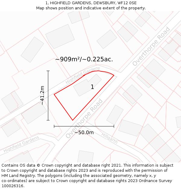 1, HIGHFIELD GARDENS, DEWSBURY, WF12 0SE: Plot and title map