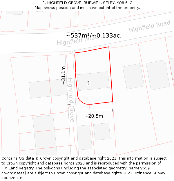 1, HIGHFIELD GROVE, BUBWITH, SELBY, YO8 6LG: Plot and title map
