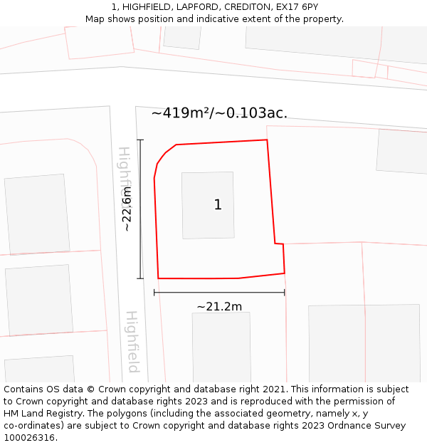 1, HIGHFIELD, LAPFORD, CREDITON, EX17 6PY: Plot and title map