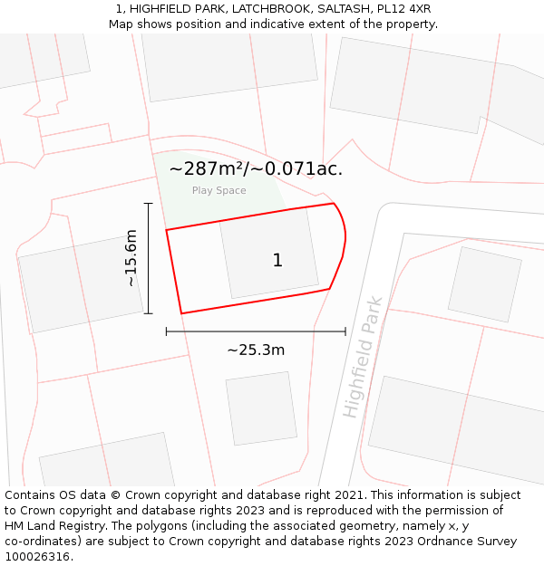 1, HIGHFIELD PARK, LATCHBROOK, SALTASH, PL12 4XR: Plot and title map