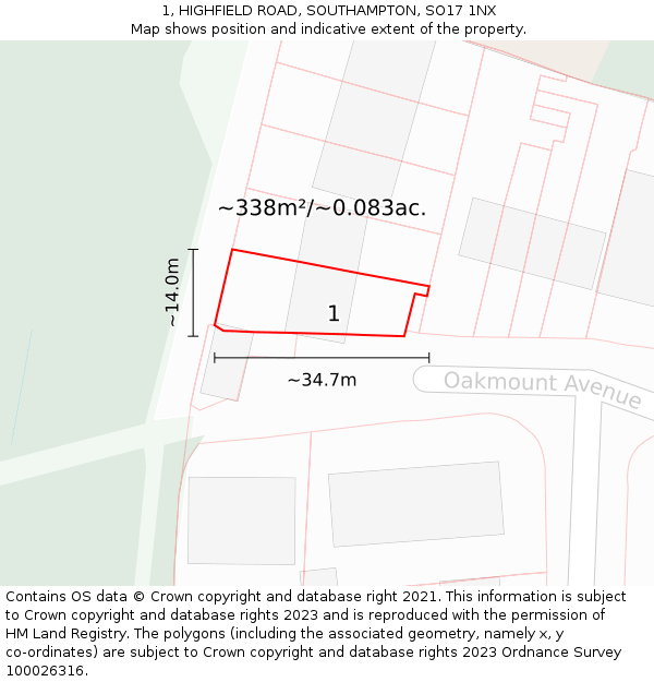 1, HIGHFIELD ROAD, SOUTHAMPTON, SO17 1NX: Plot and title map
