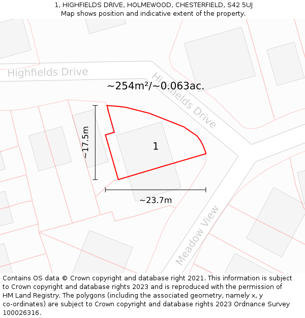 1, HIGHFIELDS DRIVE, HOLMEWOOD, CHESTERFIELD, S42 5UJ: Plot and title map