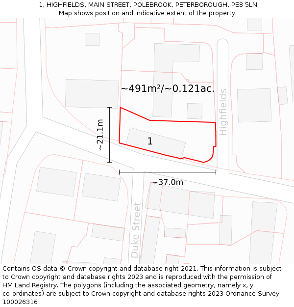 1, HIGHFIELDS, MAIN STREET, POLEBROOK, PETERBOROUGH, PE8 5LN: Plot and title map
