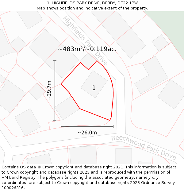 1, HIGHFIELDS PARK DRIVE, DERBY, DE22 1BW: Plot and title map