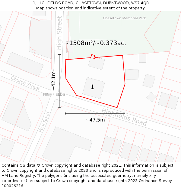 1, HIGHFIELDS ROAD, CHASETOWN, BURNTWOOD, WS7 4QR: Plot and title map