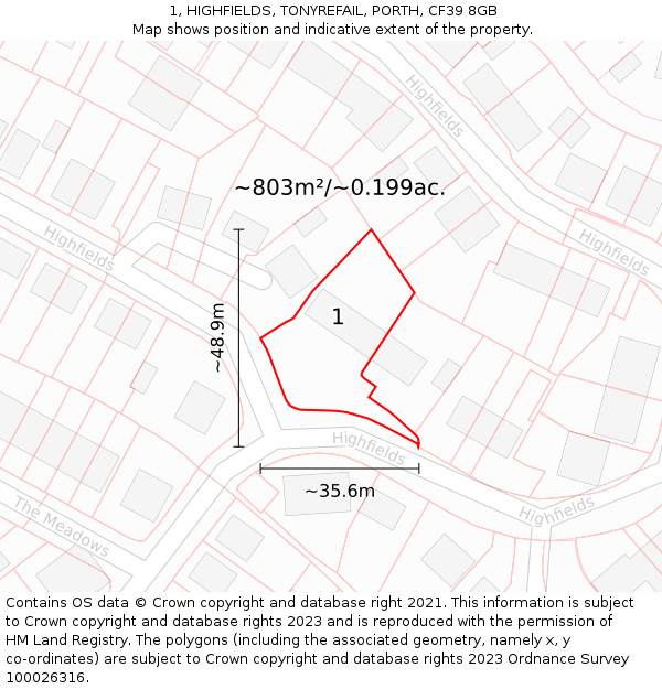 1, HIGHFIELDS, TONYREFAIL, PORTH, CF39 8GB: Plot and title map