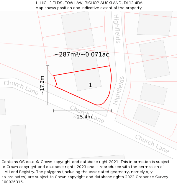 1, HIGHFIELDS, TOW LAW, BISHOP AUCKLAND, DL13 4BA: Plot and title map