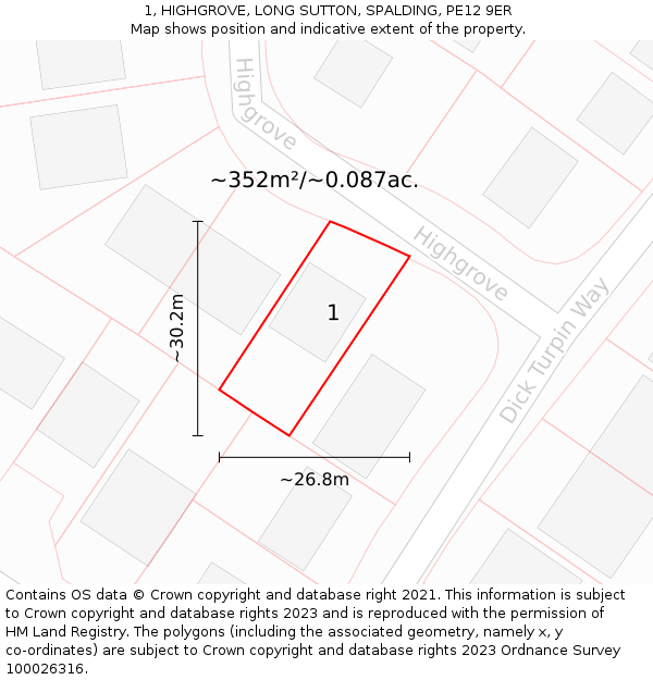 1, HIGHGROVE, LONG SUTTON, SPALDING, PE12 9ER: Plot and title map