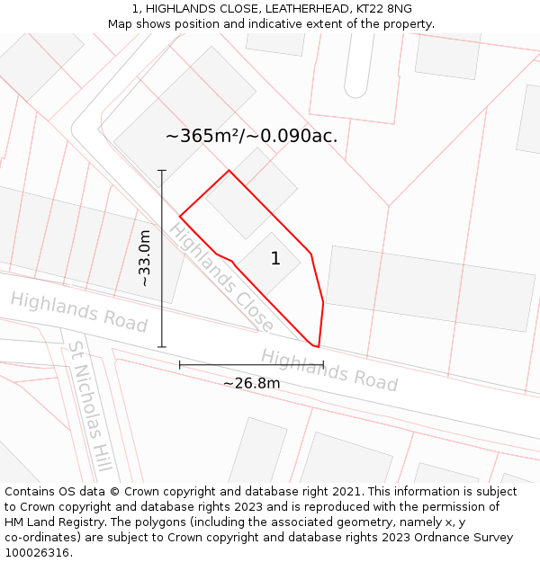1, HIGHLANDS CLOSE, LEATHERHEAD, KT22 8NG: Plot and title map