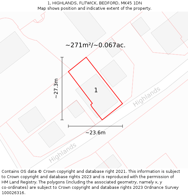 1, HIGHLANDS, FLITWICK, BEDFORD, MK45 1DN: Plot and title map