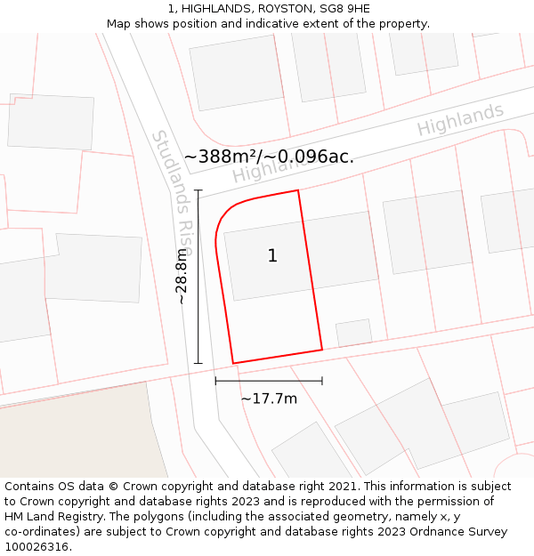 1, HIGHLANDS, ROYSTON, SG8 9HE: Plot and title map