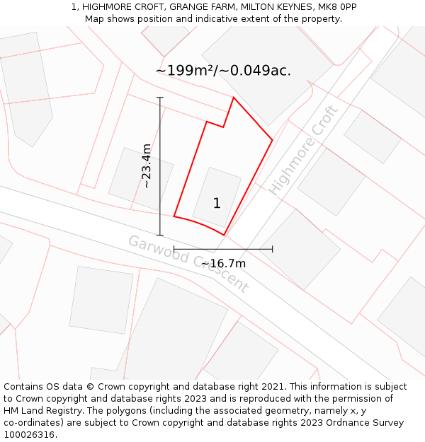 1, HIGHMORE CROFT, GRANGE FARM, MILTON KEYNES, MK8 0PP: Plot and title map