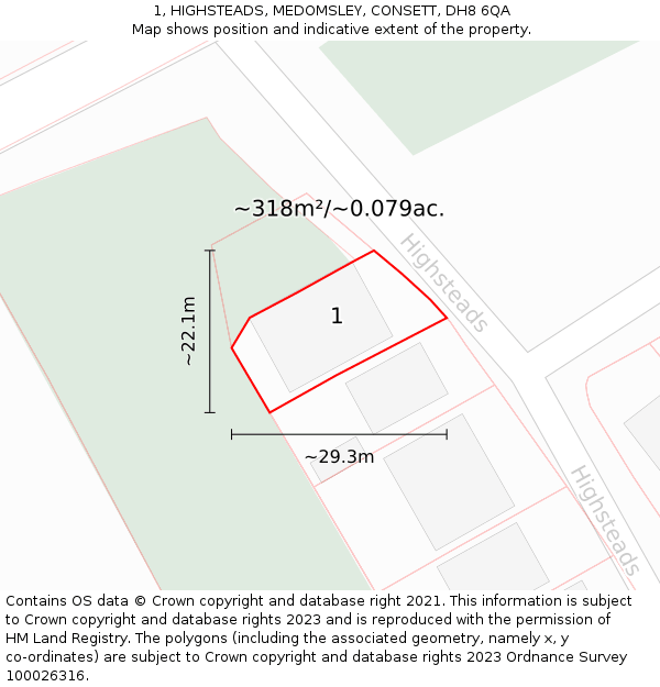 1, HIGHSTEADS, MEDOMSLEY, CONSETT, DH8 6QA: Plot and title map