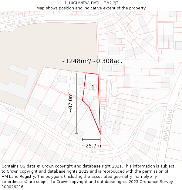 1, HIGHVIEW, BATH, BA2 3JT: Plot and title map