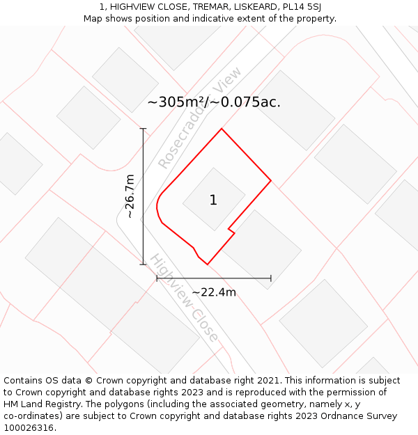 1, HIGHVIEW CLOSE, TREMAR, LISKEARD, PL14 5SJ: Plot and title map