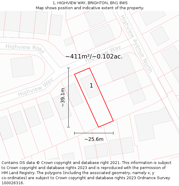 1, HIGHVIEW WAY, BRIGHTON, BN1 8WS: Plot and title map