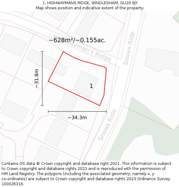 1, HIGHWAYMANS RIDGE, WINDLESHAM, GU20 6JY: Plot and title map