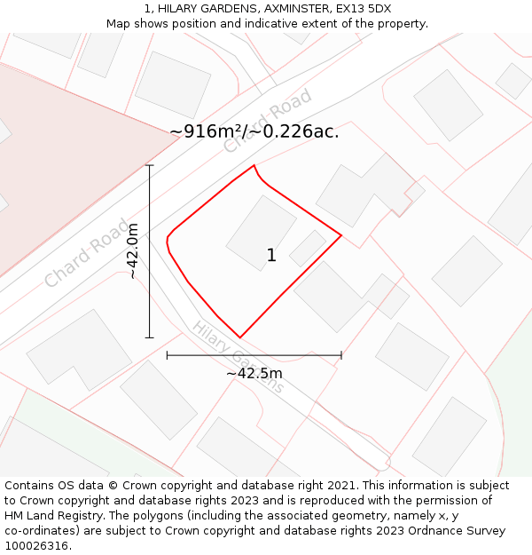 1, HILARY GARDENS, AXMINSTER, EX13 5DX: Plot and title map