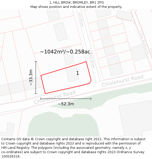 1, HILL BROW, BROMLEY, BR1 2PG: Plot and title map
