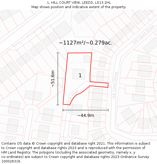 1, HILL COURT VIEW, LEEDS, LS13 2HL: Plot and title map