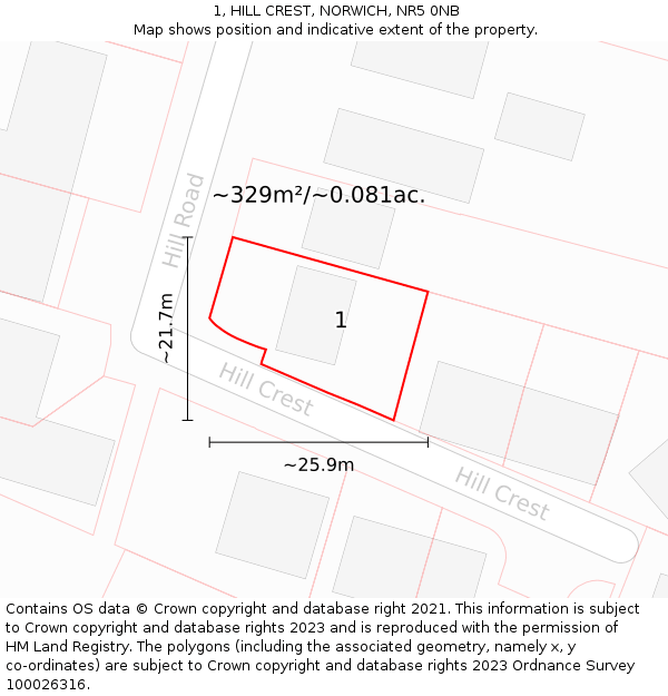 1, HILL CREST, NORWICH, NR5 0NB: Plot and title map
